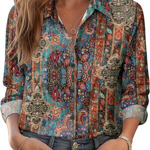 Button Down Shirts for Women Dressy Floral Printed Long Sleeve Blouse Business C
